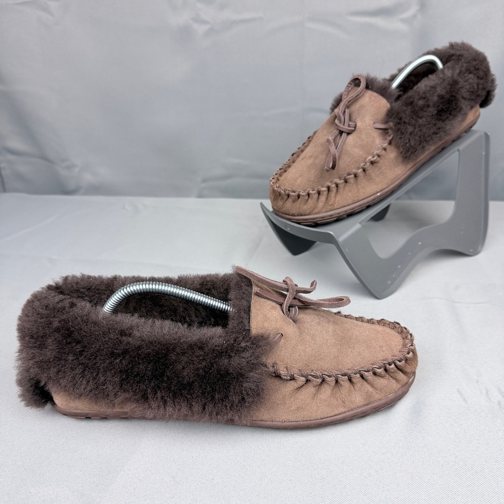 LL Bean Wicked Good Moccasins Brown Suede Shearling Slippers Womens 8